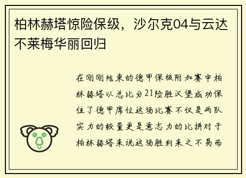 柏林赫塔惊险保级，沙尔克04与云达不莱梅华丽回归